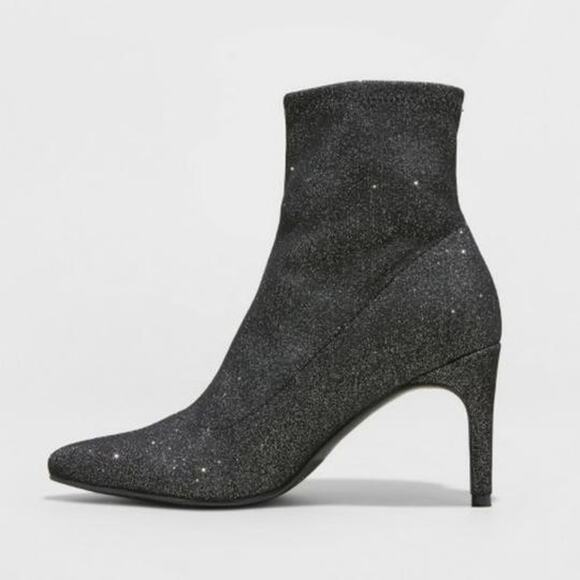 A New Day Sparkle Black Shiny Cody Pointed Sock Boots - Picture 1 of 9
